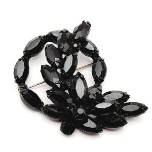 Vintage Black Rhinestone Wreath Floral 1960s Brooch, Japanned Black Enamel